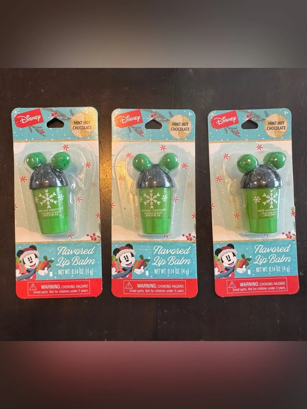 Set of 3 Disney Christmas Holiday Flavored Mickey Mouse Ears Cups Lip Balm Set